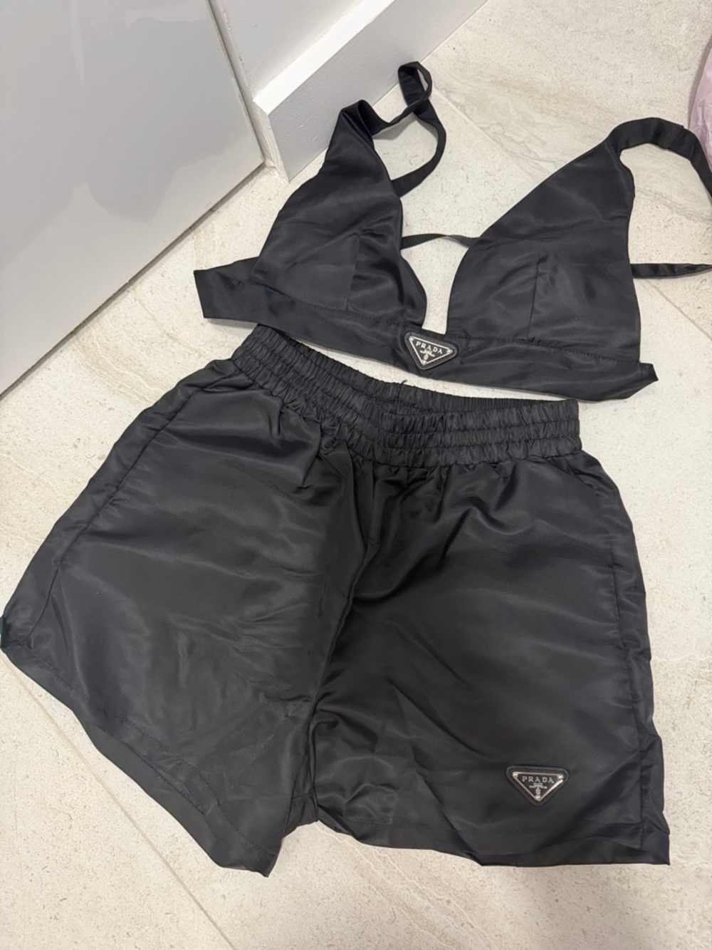 Prada Black Triangle Logo Bikini Top and Swim Shorts